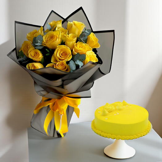 15 Yellow Roses Bouquet with Pineapple Cake