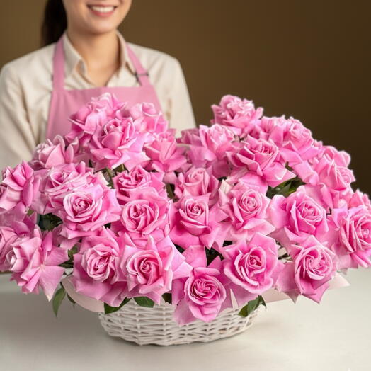 35 Premium Open Pink Extra Rose Basket- Ecuador