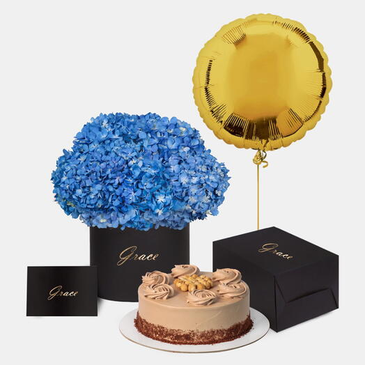 Blue Hydrangea in Box with Nutella cake Bundle