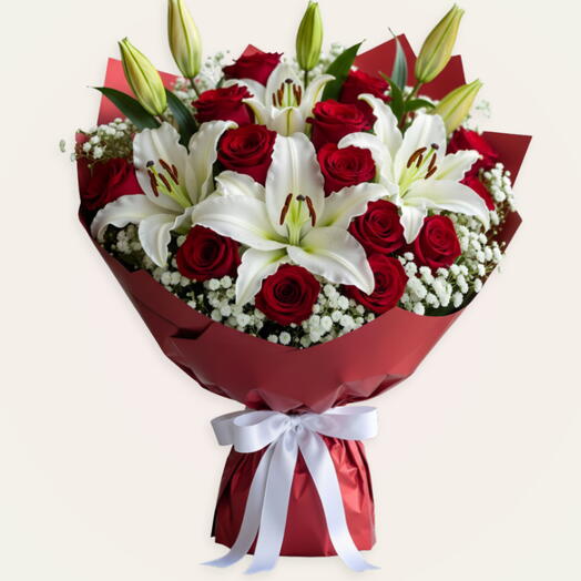 Red Blazing:3 white Lilly, 15 red rose