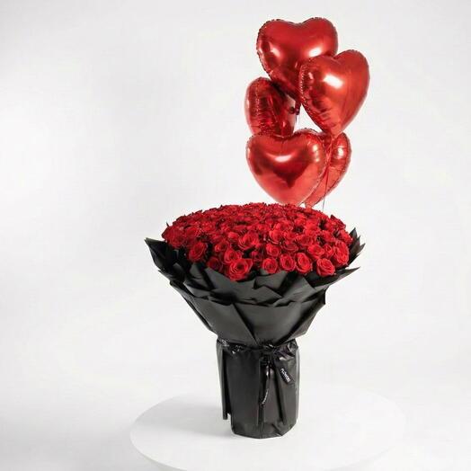 Rosa roja 101 con globos de helio