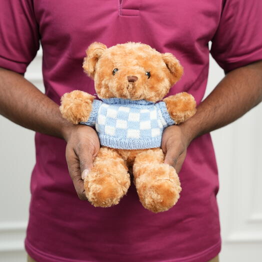 30 см – милый плюшевый мишка в светло-голубом клетчатом свитере  7533