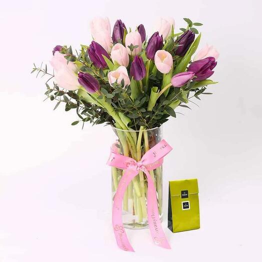Lady Luck 19 Tulips and Deluxe Patchi Chocolates