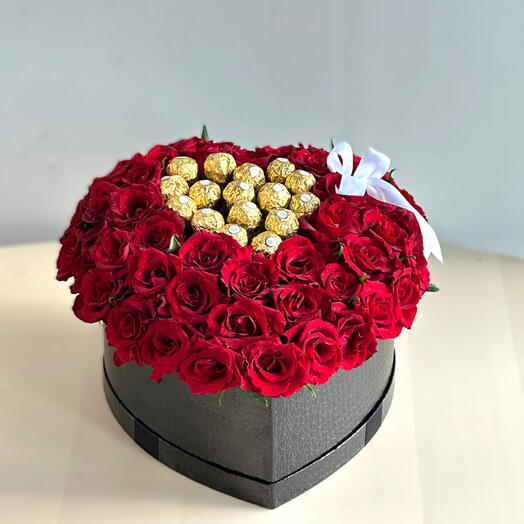 "Heart of Love Box | 51 Red Roses   16 Ferrero Rocher – Luxurious Romantic Gift"