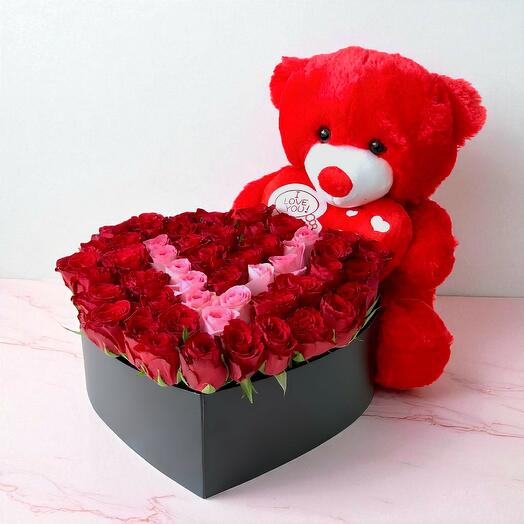 Caja de regalo Herat con rosa roja y osito