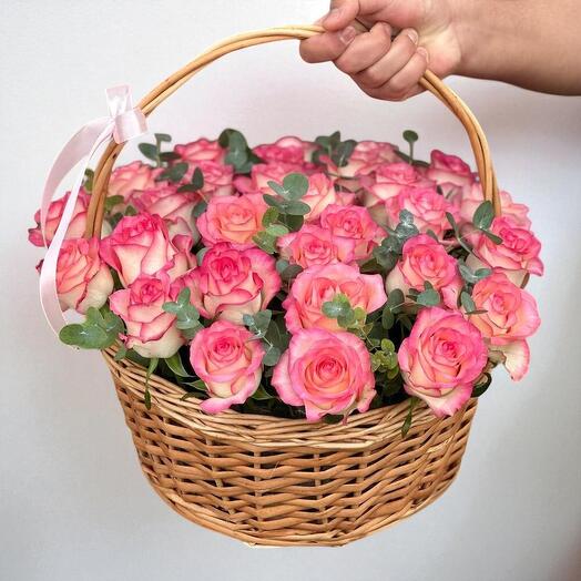 Lush Love Basket – Pink Jumilia Roses   Eucalyptus Arrangement