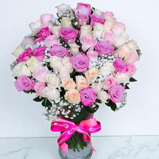 Pastel Vase; 60 stems of mix roses in a vase