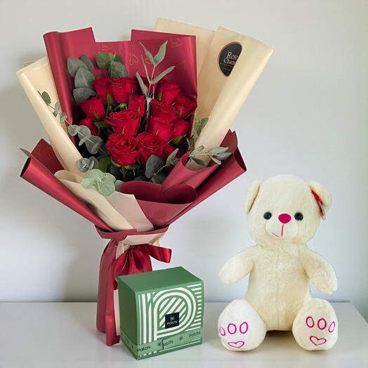 Ruby Bliss Combo | 15 Red Roses, Patchi Chocolates   Teddy Bear Gift Set