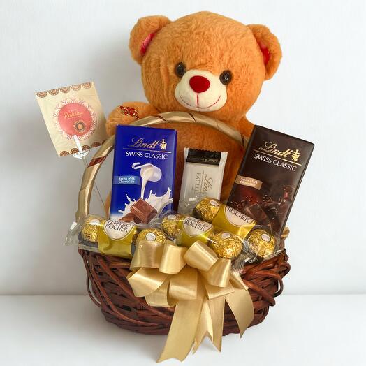 Изысканный шоколад   Подарочная корзина с плюшевым мишкой | Идеально для любого праздника
