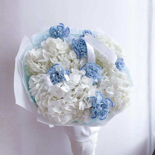 Its A Boy- White Hydrangea and Blue carnations
