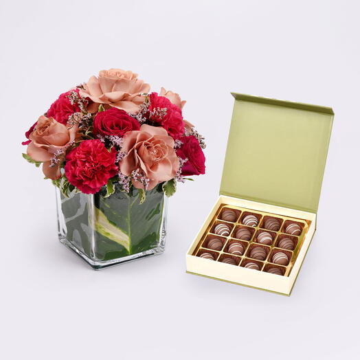 Rose And Carnation Flower Vase With Chocolate Truffle Box