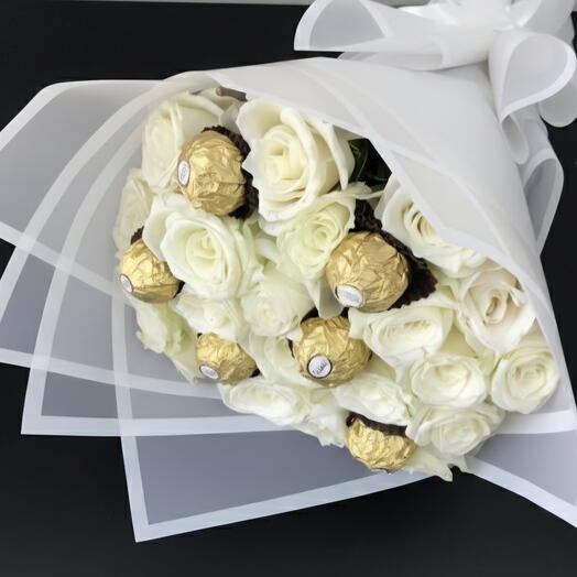 White Rose Bouquet with Scattered Chocolates