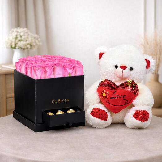 Набор Velvet Romance – 25 красных роз, Ferrero Rocher Creamy Teddy комбо