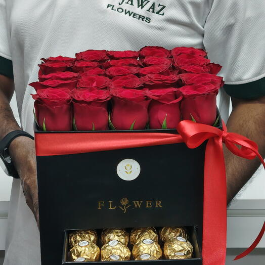 25 красных роз и 20 конфет Ferrero Rocher