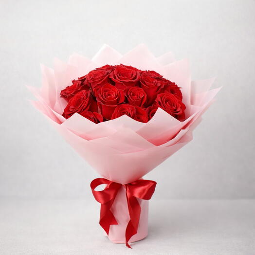 Red Roses Bouquet In Pink Wrapping