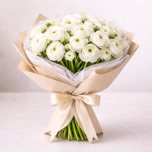 Blush Wrapped White Ranunculus Bouquet