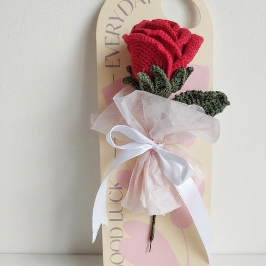 ​Handcrafted Everlasting Crochet Red Rose – "Good Luck" Display