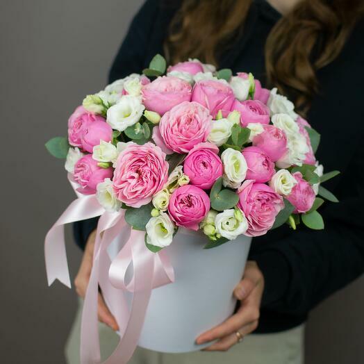 Pink rose Premium Flowers Box -  Peony Roses and White Eustoma