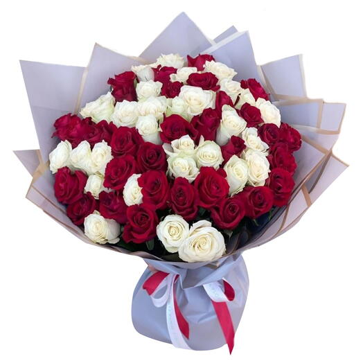 Royal Duo Elegance – 50 Big Bud Red   White Roses Bouquet