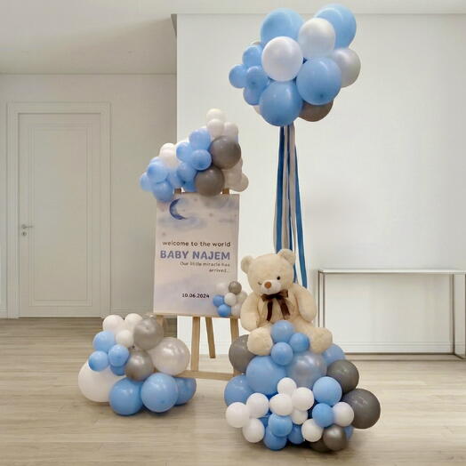 Baby Boy Balloon Frame Setup with Teddy   Foam Board