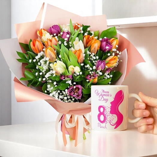 Women s Day Tulip Bouquet with Mug – 25 Fresh Tulips   Gift Combo