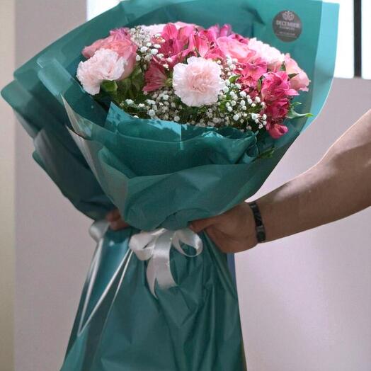 December Rose – Elegant Pink Roses, Carnations   Gypsophila Bouquet