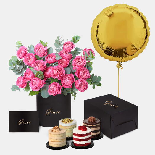 Julieta Spray Pink dans une boîte avec mini-gâteau et ballons