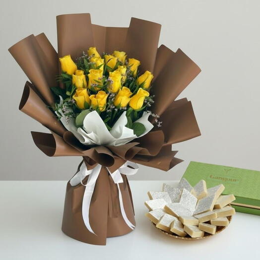 15 yellow rose and Gangour Kaju Katli Barfi