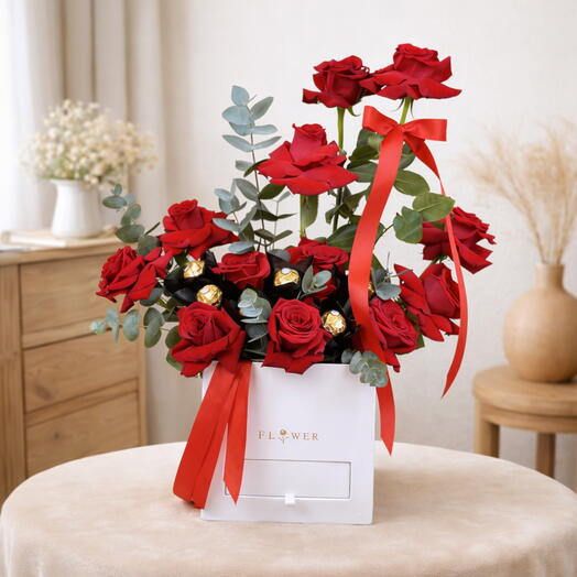 Ruby Delight Luxe Box  Red Roses with Ferrero Rocher