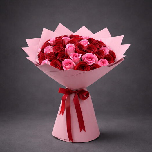 Blushing Romance – 51 Pink   Red Roses Bouquet