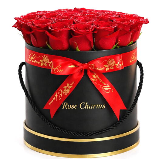 21 roses rouges en boîte noire de luxe