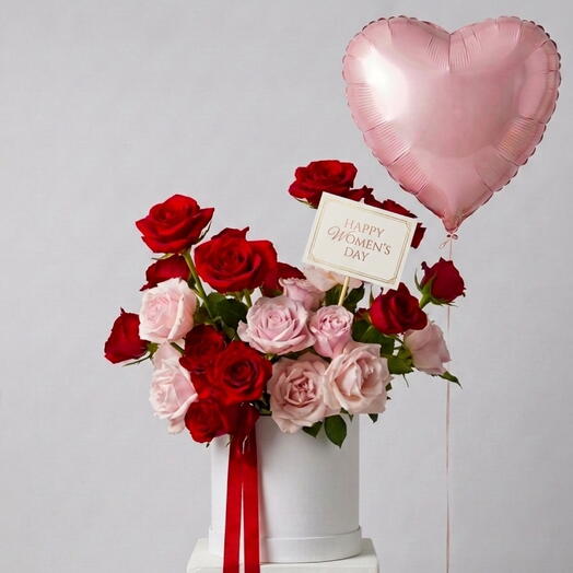 Red   Pink Roses Mother s Day Box – 25 Roses with Pink Heart Balloon