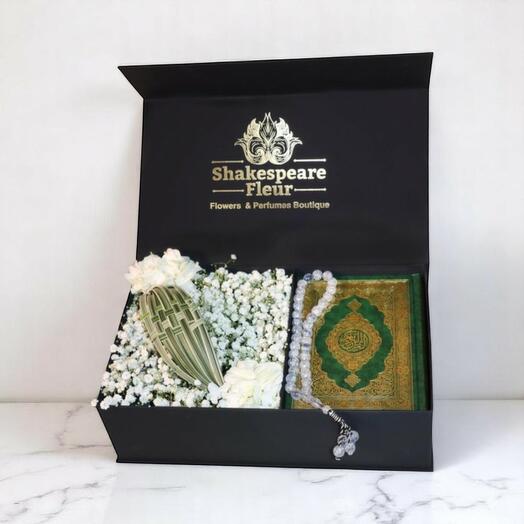 Ramadan Kareem Gift Box with Quran, Tasbih   Fresh Flowers – Islamic Ramadan Decoration