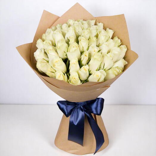 Elegant 51 White Roses Bouquet with Craft Paper   Navy Ribbon