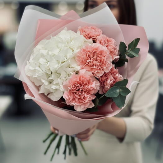 White Hydrangea Pink Carnations Bouquet | Order Today