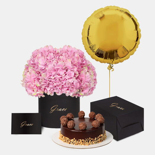 Pink Hydrangea in Box with Ferrero Cake Bundle