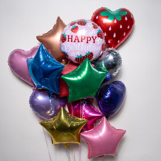 Strawberry Theme Happy Birthday Hearts And Stars Foil Balloon Set 7468