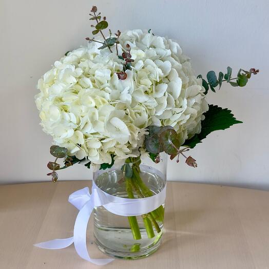 Pure White Hydrangea Vase Arrangement | 4 Bloom Luxury Centerpiece | Same-Day Dubai Flower Delivery