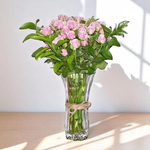 Blossom Pink Baby Rose Bouquet in Glass Vase | 30x45cm | Elegant Fresh Pink Roses Arrangement