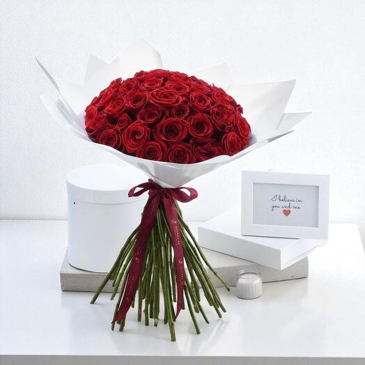 Fifty Shades of Love – 50 Red Roses Iconic Love Bouquet in Elegant White Wrapping