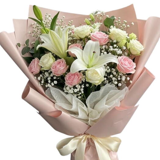 Pure Grace Bouquet –Pink and white Roses with White Lilies