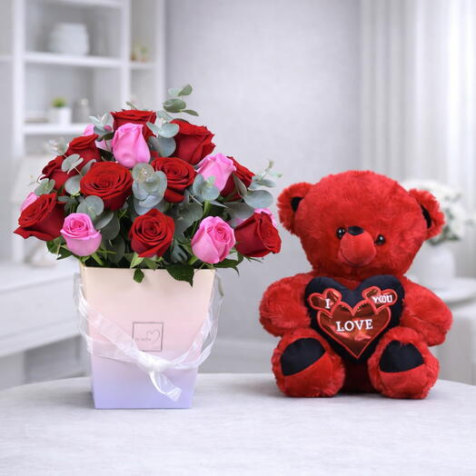 Colorful Romance Combo – Mixed Roses   Red Teddy