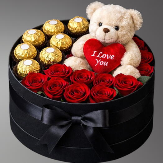 15 Red Roses, Ferrero Rocher   Teddy Bear in Black Round Box