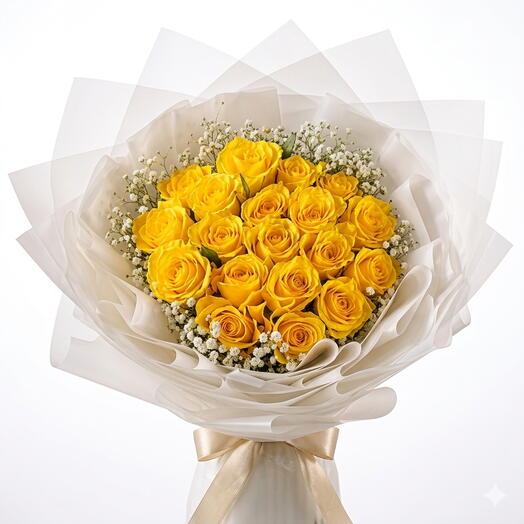 Bouquet de roses jaunes et de gypsophile
