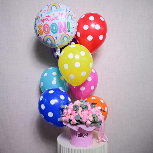 6 globos de látex, 1 globo metalizado 'Que te mejores', Caja de flores Mansfield Park Pink Peony Roses - 5719