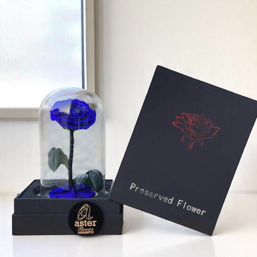 Rosa eterna Infinity Blue en frasco de cristal con caja