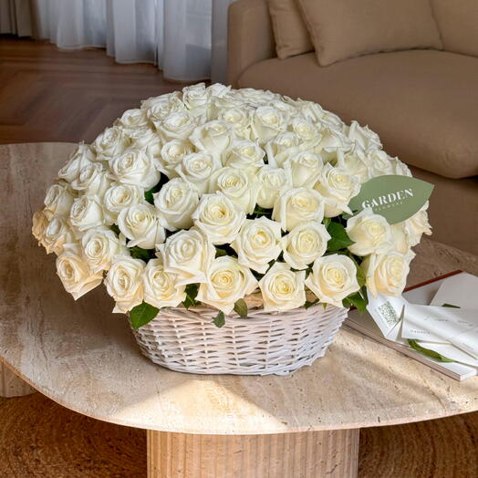 Basket of white roses (101 pcs, size M)