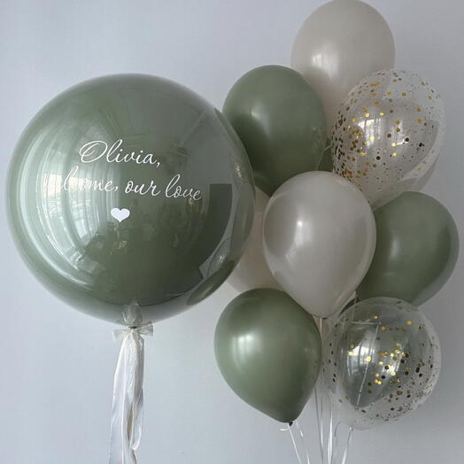 Set verde de globos de helio 'Bienvenido a casa'