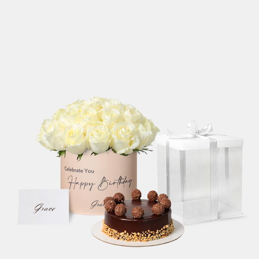 Joyful Birthday White Roses with Ferrero Cake