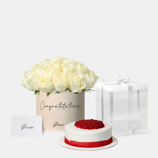 Well Done White Roses with Red Velvet Cake